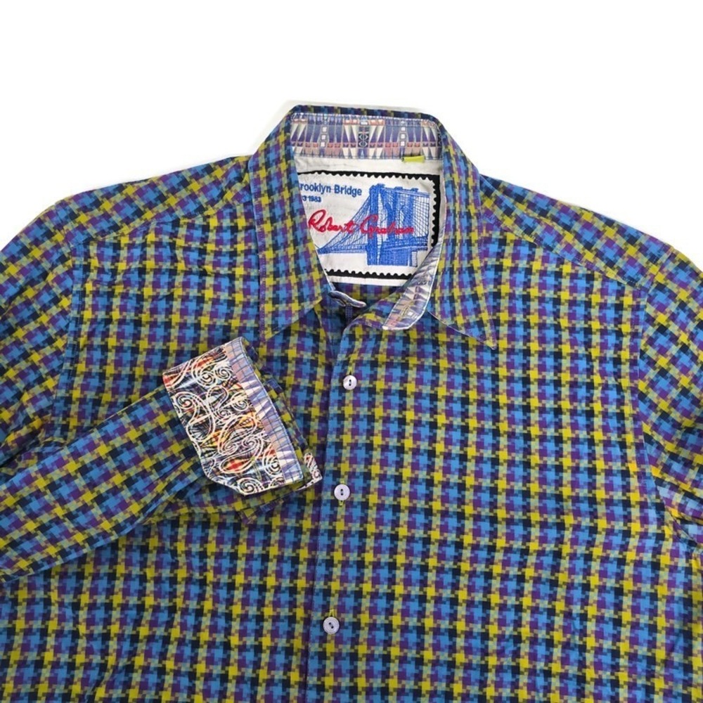 Robert Graham Brooklyn Bridge Tailored Fit Shirt Mens L Blue Purple Houndstooth